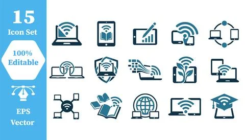 Network and digital connectivity communication icon set with internet, wirele Stock Illustration