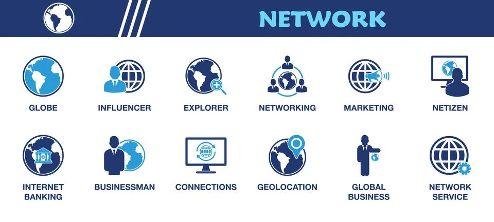 Network and Global Communication Icon Set. Collection of Globe, Influencer,.. Stock Illustration