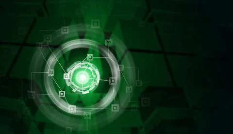 Network and glow circles with glass cube as backdrop Ilustración de archivo