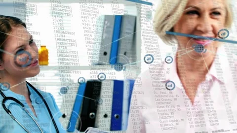 Network and graph icons connecting with lines and binary data over doctor giving Stock Footage 327059997