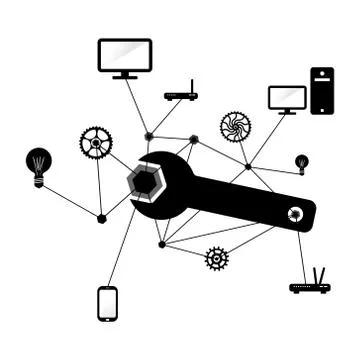 Network and PC repairs conceptual illustration in black and white Stock Illustration