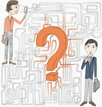A network and question mark between two people working on laptops 스톡 일러스트