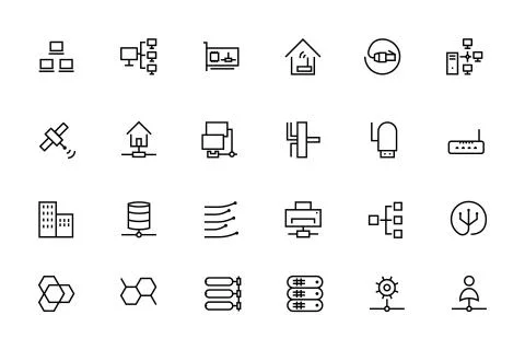 Network and Sharing Vector Outline Icons Set Stock Illustration