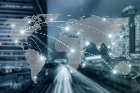 Network and world map on blur city use for global partnership networ concept, Stock Photos