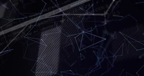 Network animating glowing wireframe triangles shifting in black space, featuring Stock Footage 308676050