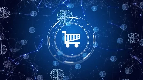 Network appearing, central cart icon rotating and pulsing in HUD ring, brains Stock Footage 335317140