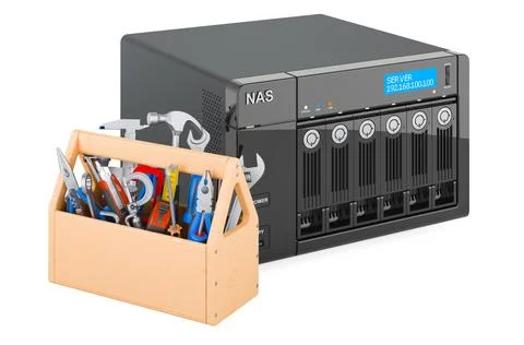 Network-attached storage with toolbox. Repair and service of NAS, 3D renderin Illustrazione stock