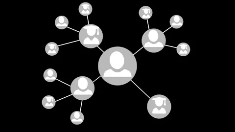 Network of avatar nodes connected like a hub-and-spoke social graph animation Video stock 337078421