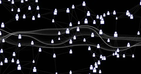 Network avatars routing inbound data pulse on black dotted band weaving through Illustrazione stock