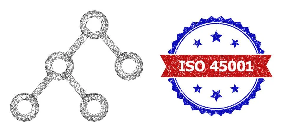 Network Binary Connections Mesh and Scratched Bicolor ISO 45001 Stamp Stock Illustration