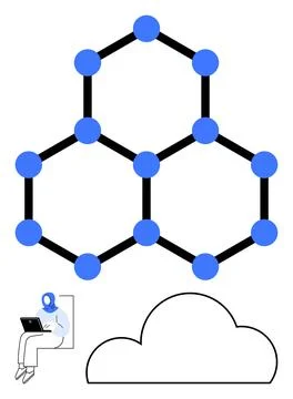 Network of blue nodes connected by black lines forming a hexagonal structure  Illustrazione stock
