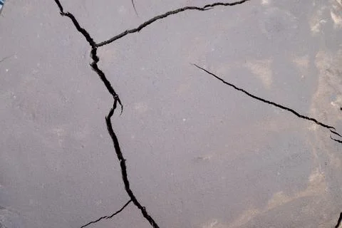 Network of branching cracks on soil, repeated fractal pattern forming abstrac 写真素材