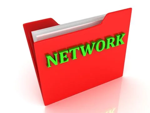 NETWORK bright green letters on a red folder on a white background Stock Illustration