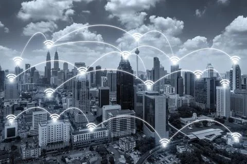 Network business conection system on Kuala Lumpur city in background. Network Stock Photos