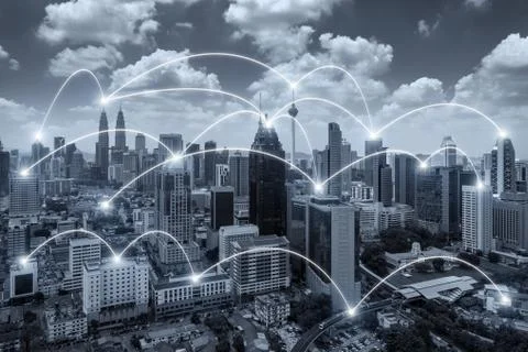 Network business conection system on Kuala Lumpur city in background. Network Stock Photos