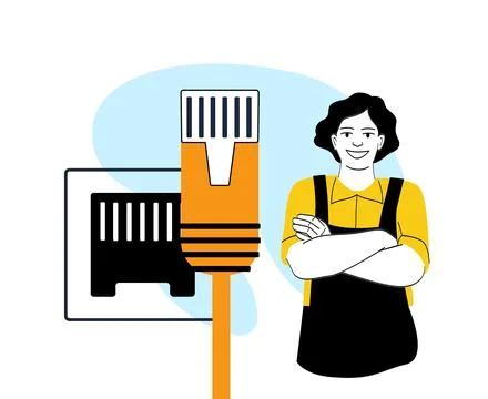 Network cable and confident technician illustration. Stock Illustration