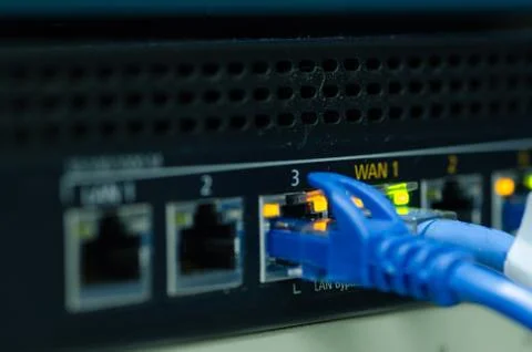 Network cable and switch port in the data center. Stock Photos