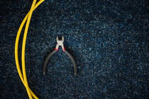 Network cable and wire cutters, copy space for text Fotos Stock