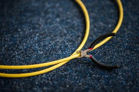 Network cable and wire cutters, copy space for text Fotos Stock
