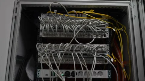 Network cable cabinet – patch panel with wiring inside technical equipment rack Stock Footage 322156875