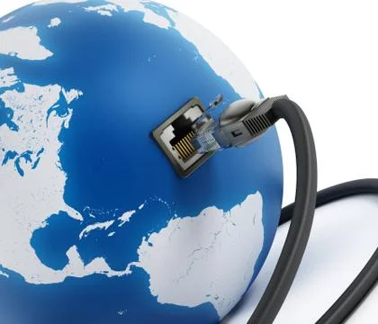 Network cable connected to the blue globe Stock Illustration