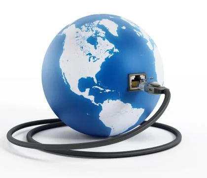 Network cable connected to the blue globe Stock Illustration