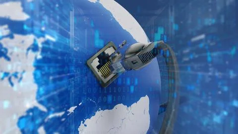 Network cable connected to the blue globe with a socket. 3D illustration Stock Illustration