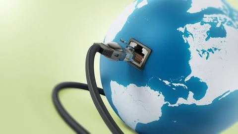 Network cable connected to the blue globe with a socket. 3D illustration Stock Illustration