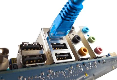 Network cable is connected to computer Stock Photos