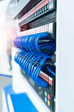 Network cable connecting on network core switch close up Stock Photos