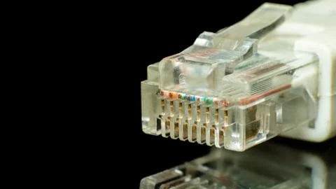 Network cable connector isolated on black background Stock Photos
