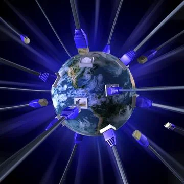 Network cable connectors plugging into the Earth globe. Internet connection, 스톡 일러스트