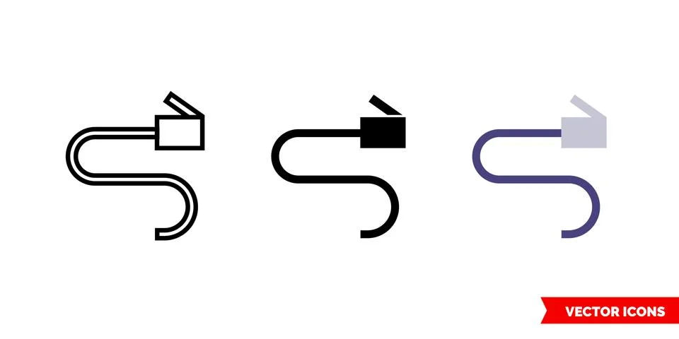 Network cable icon of 3 types color, black and white, outline. Isolated vecto Stock Illustration