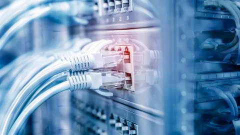 Network cable panel, switch in data center Foto stock