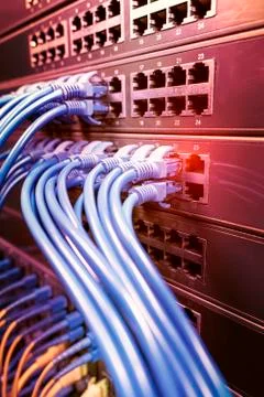 Network cable panel, switch in data center Foto stock