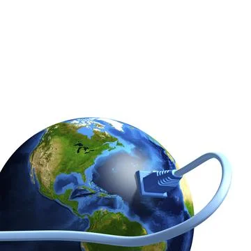 Network cable plugged into the Earth globe. Conceptual 3D illustration Stockillustratie