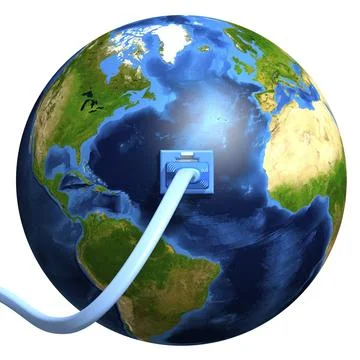 Network cable plugged into the Earth globe. Conceptual 3D illustration Illustrazione stock