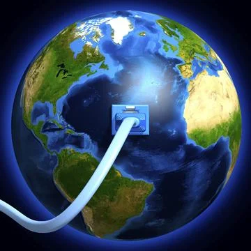 Network cable plugged into the Earth globe. Conceptual 3D illustration Stockillustratie