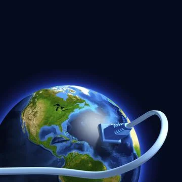 Network cable plugged into the Earth globe. Conceptual 3D illustration Stockillustratie