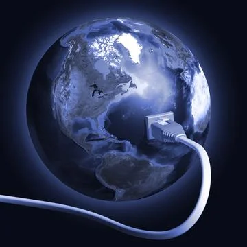 Network cable plugged into the Earth globe. Conceptual 3D illustration 库存插图