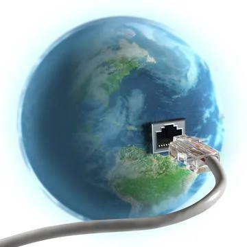 Network cable plugging in to the globe Conceptual 3D photo-illustration Internet Stock Illustration