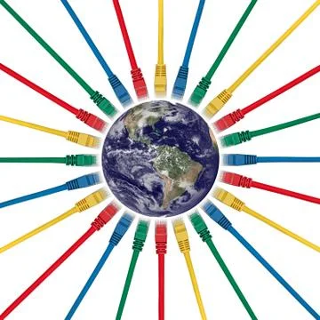 Network cable plugs connected to an Earth's western hemisphere Stock Photos