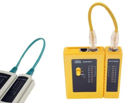 Network cable tester with UTP cable isolated on white Stock Photos