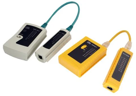 Network cable tester with UTP cable isolated on white Stock Photos