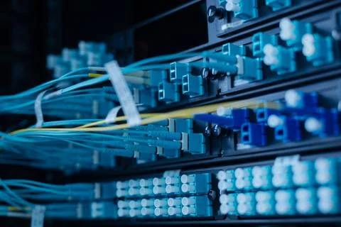 Network cables being switched to the data server Stock Photos
