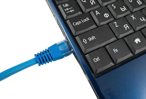 Network cables connected to port notebook Stock Photos