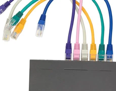 Network cables connected to router Stock Photos