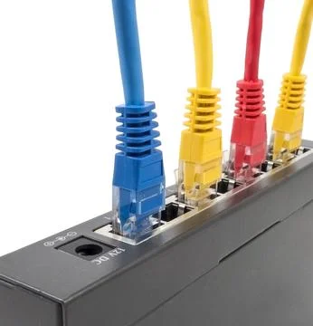Network cables connected to router Stock Photos