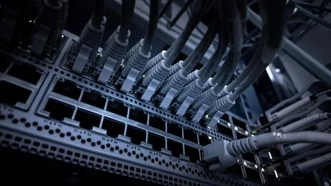 Network cables connected to a server rack in a data center during evening hours Stock Photos