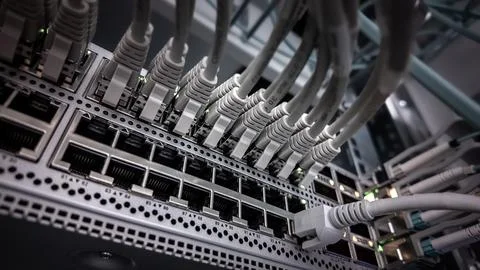 Network cables connected in a server room for data management and communication Stock-Fotos